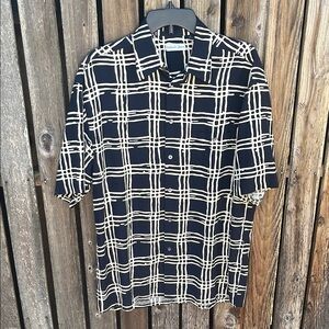 Bullock & Jones M Men's Silk Black Cream Plaid Shirt Short Sleeves Medium Dressy